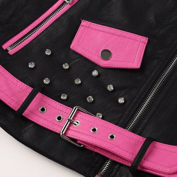 Pink Casual Women's Faux Leather Biker Jacket with Diamond Studs - Picture 8 of 8